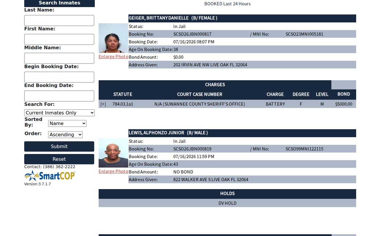 Suwannee County arrest records SmartCOP search fields