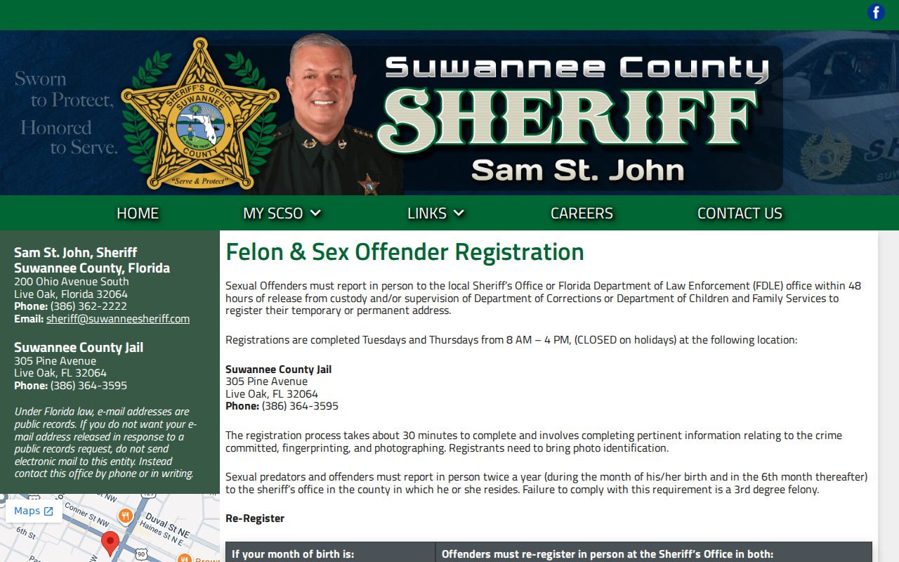Suwannee County sex offender local registration schedule